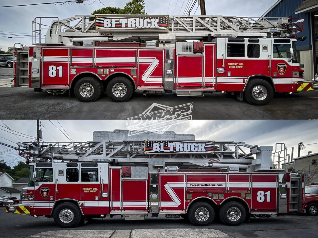 Side by side of the new firetruck in different lighting. 
